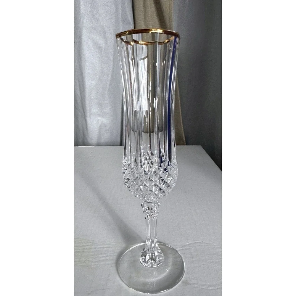 Vintage Gold Rim Octagonal Champagne Flutes Set of 2 Diamond Cut Glass Stemware